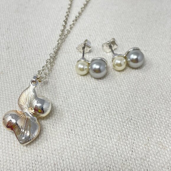 Avon Opposites Attract Set Necklace Earrings Imitation Pearl Silver-Tone - Picture 2 of 6